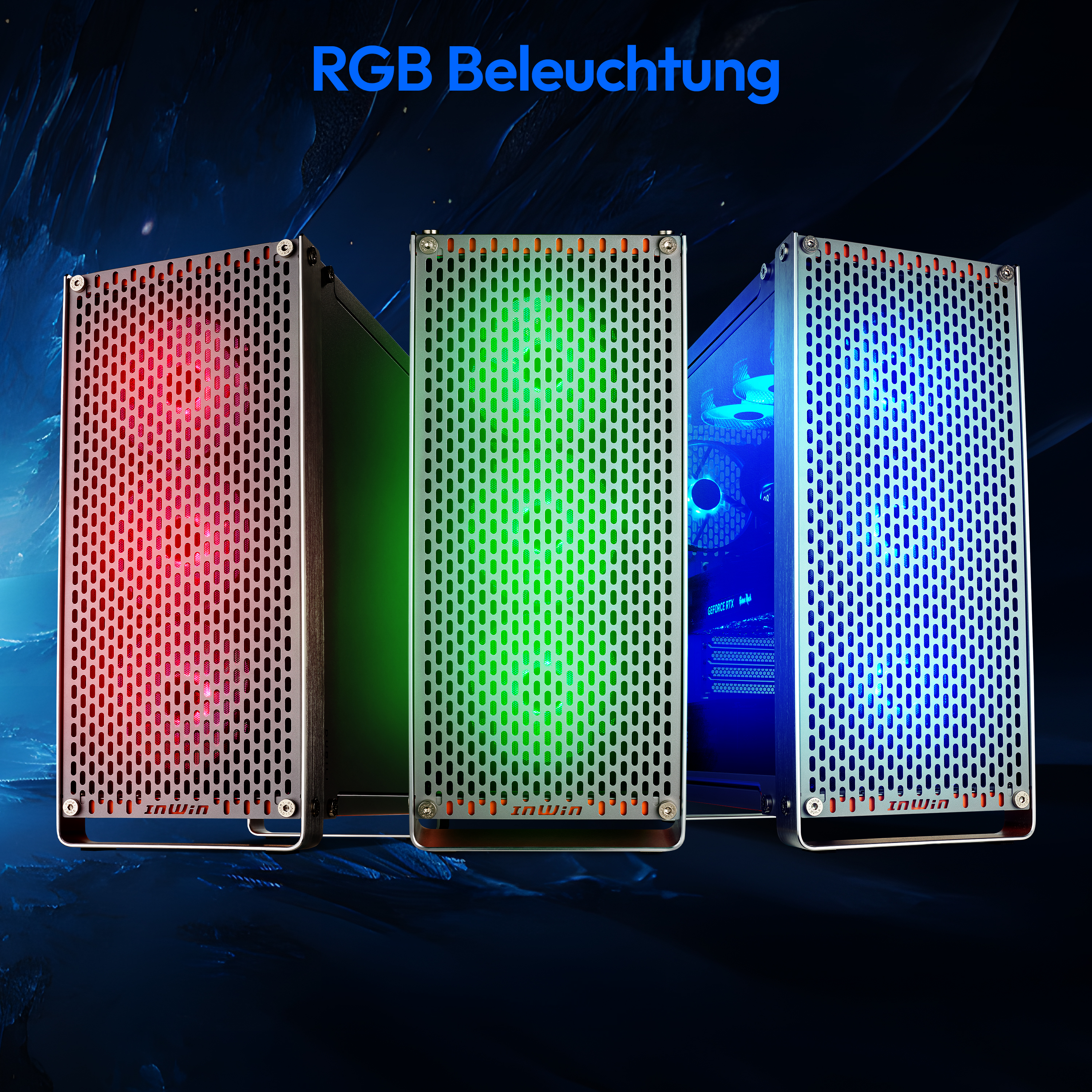 Drei Computergehäuse mit RGB-Beleuchtung, die in Rot, Grün und Blau leuchten.