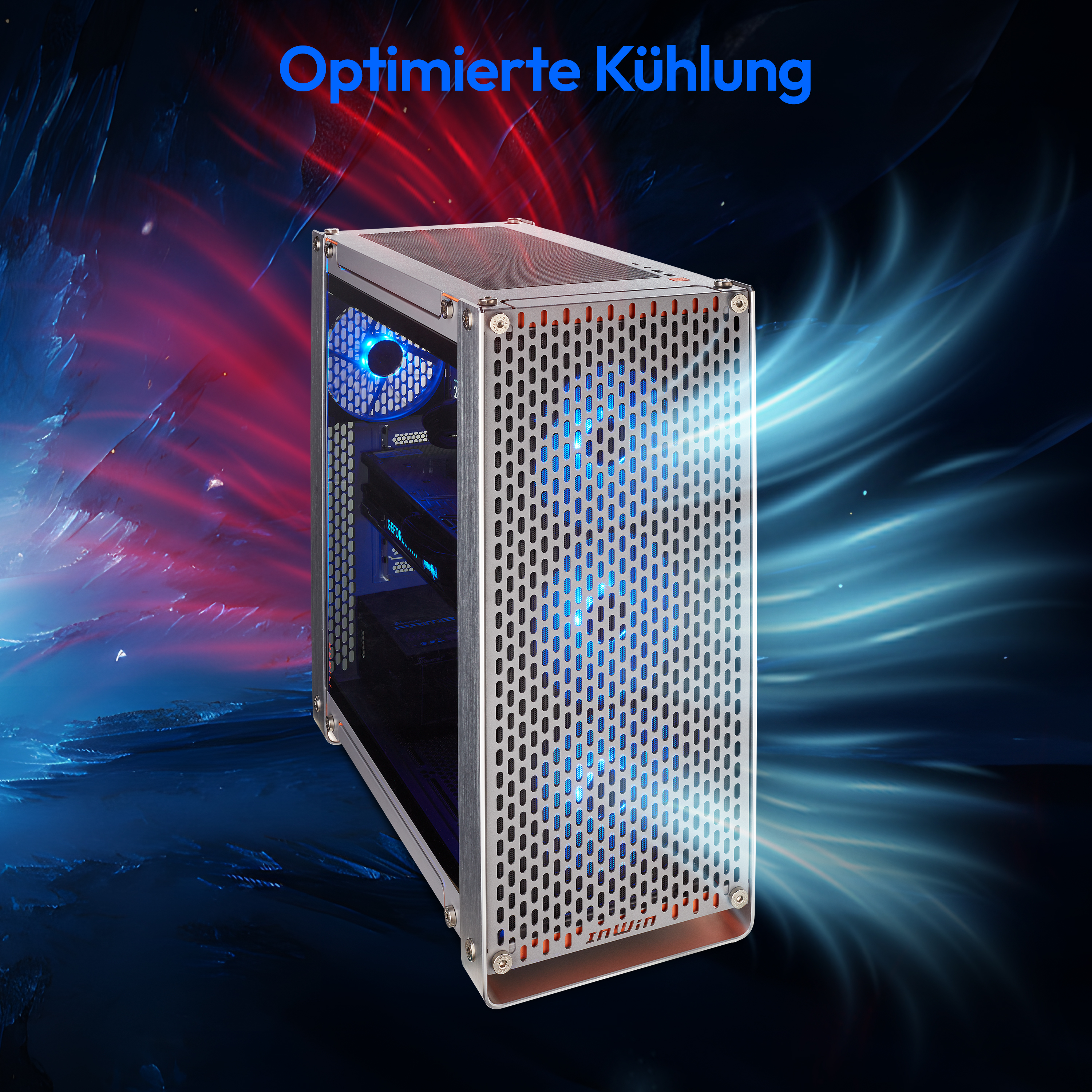 Ein Computergehäuse mit blauen und roten Lichtern, mit dem Text 'Optimierte Kühlung'.