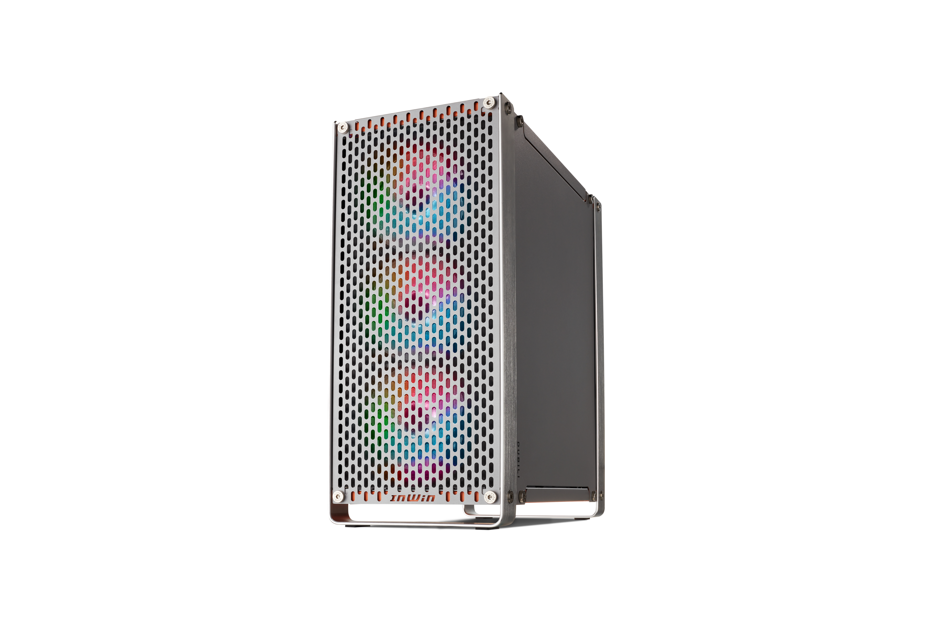 Computergehäuse mit Mesh-Front, zeigt beleuchteten Lüfter in verschiedenen Farben.