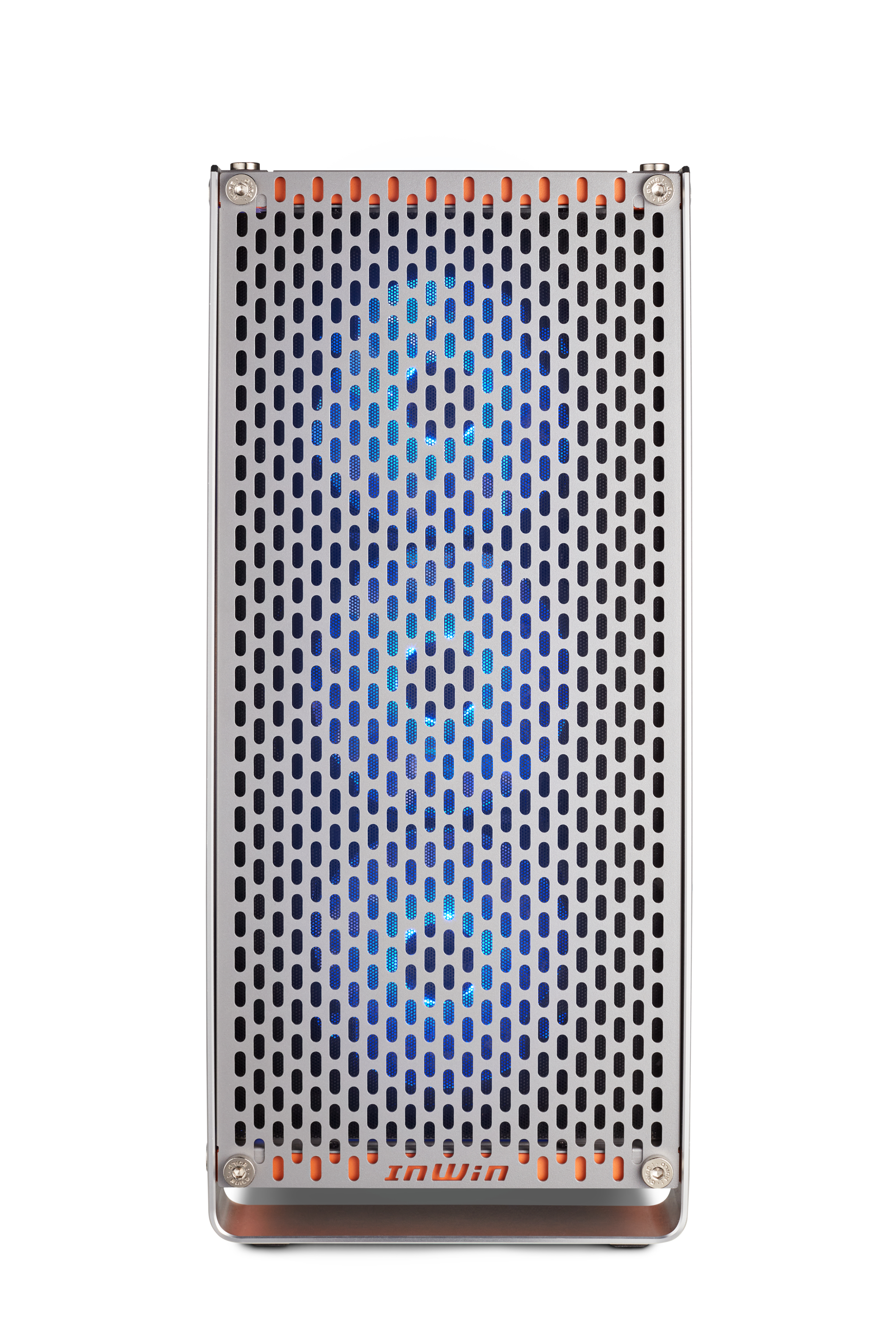 Silbernes und schwarzes Computergehäuse mit perforierter Frontblende, orangefarbenen Akzenten und blauen Lichtern.