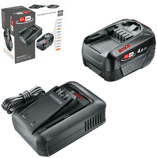 Bosch 18V 4.0Ah akkumulátor és töltő készlet. A készlet tartalmaz egy akkumulátort és töltőt.