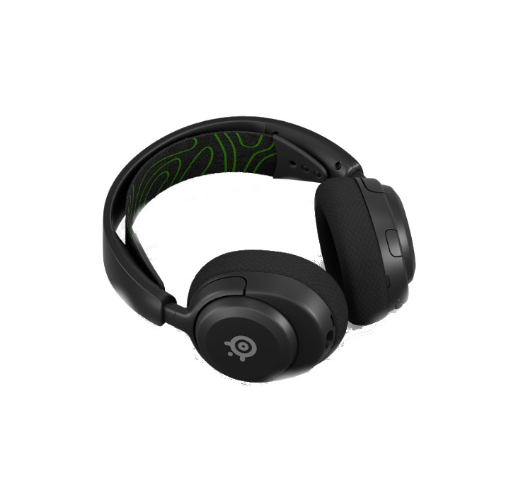 Siyah ve gri SteelSeries oyun kulaklığı, kafa bandında yeşil detaylar.
