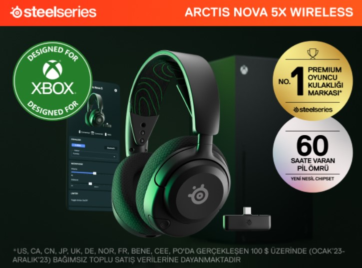 Aksesuarlarla birlikte Arctis Nova 5X Kablosuz kulaklıklar için tanıtım görseli.