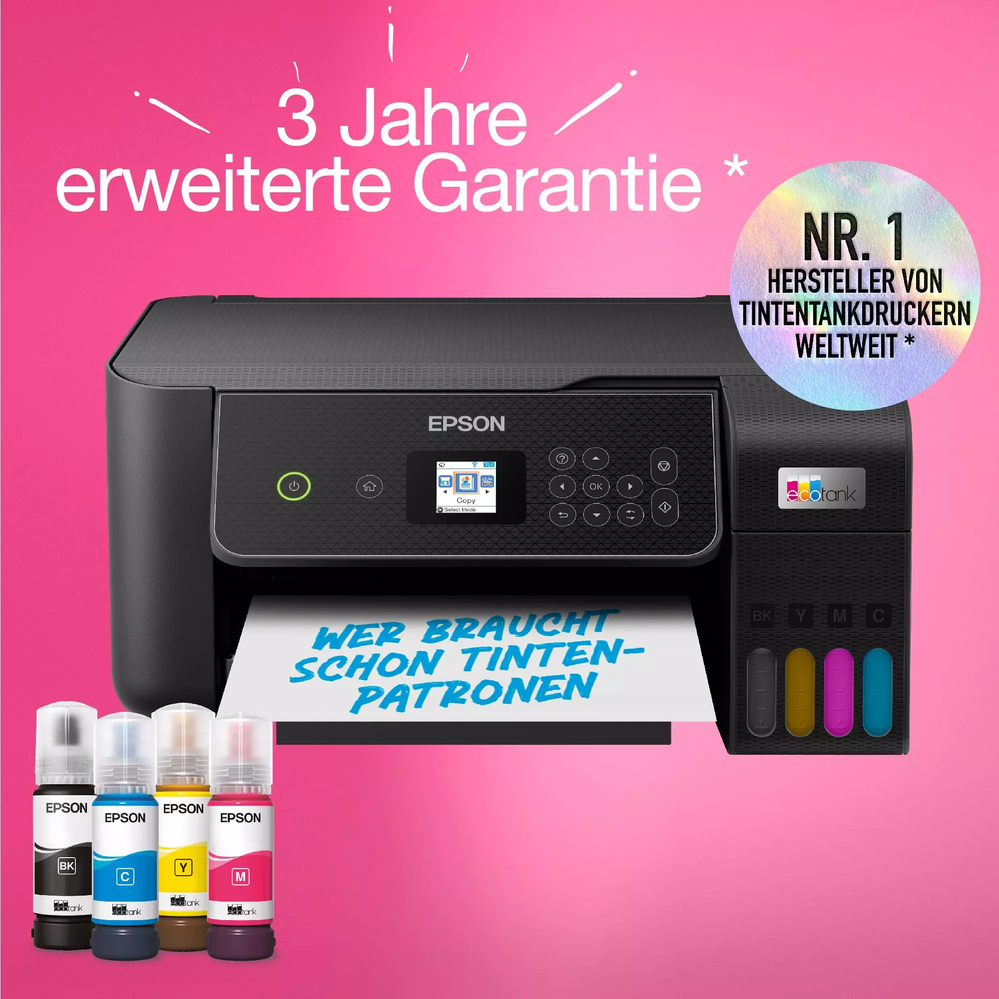 Stampante Epson nera con flaconi d'inchiostro. Testo: '3 anni di garanzia estesa' e '#1 stampante a serbatoio al mondo'.