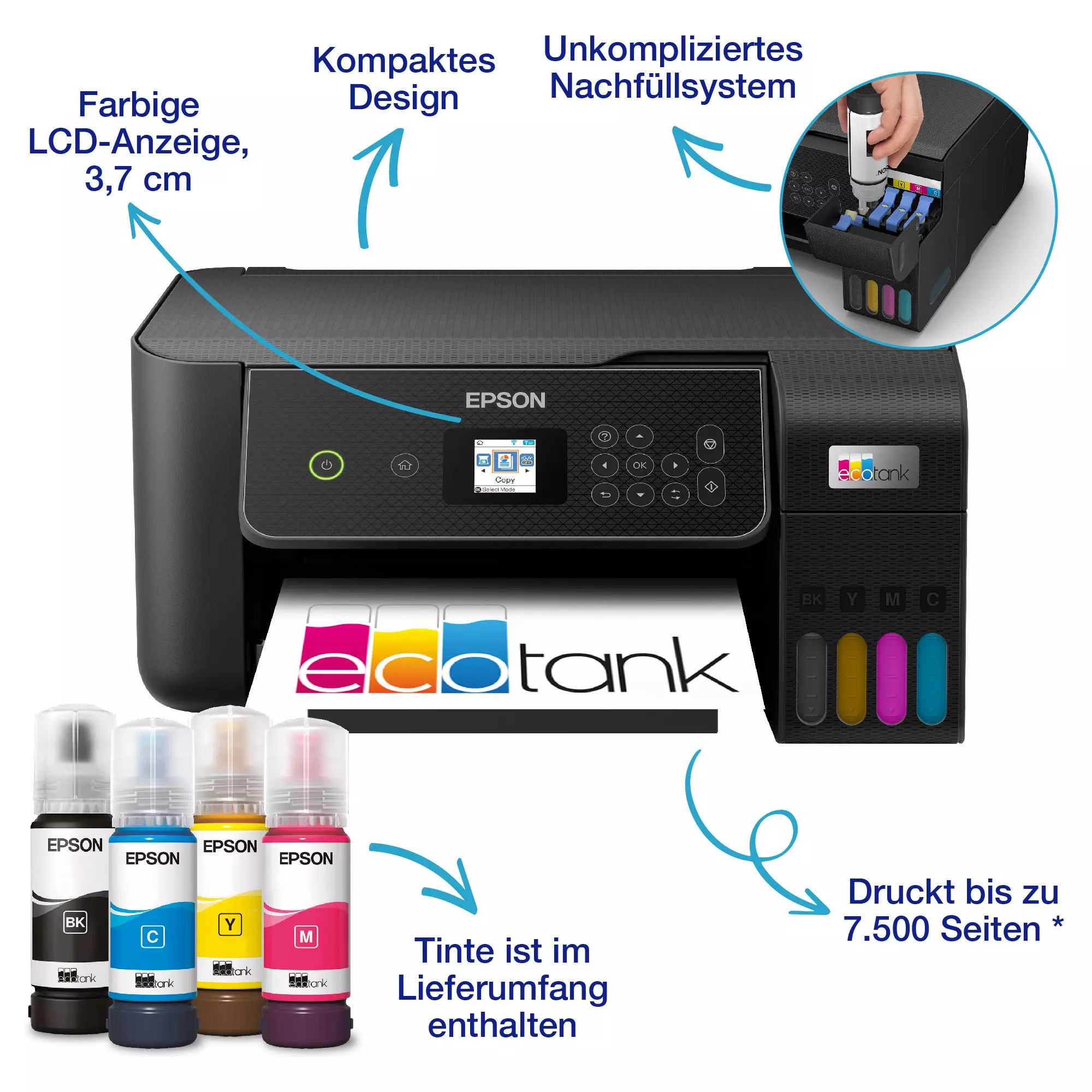Stampante Epson nera con flaconi d'inchiostro. Caratteristiche: display LCD a colori e sistema di ricarica. Stampa fino a 7.500 pagine.