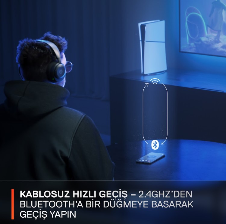Kulaklıklı adam oyun oynuyor, konsoldan cihaza Bluetooth sinyali.