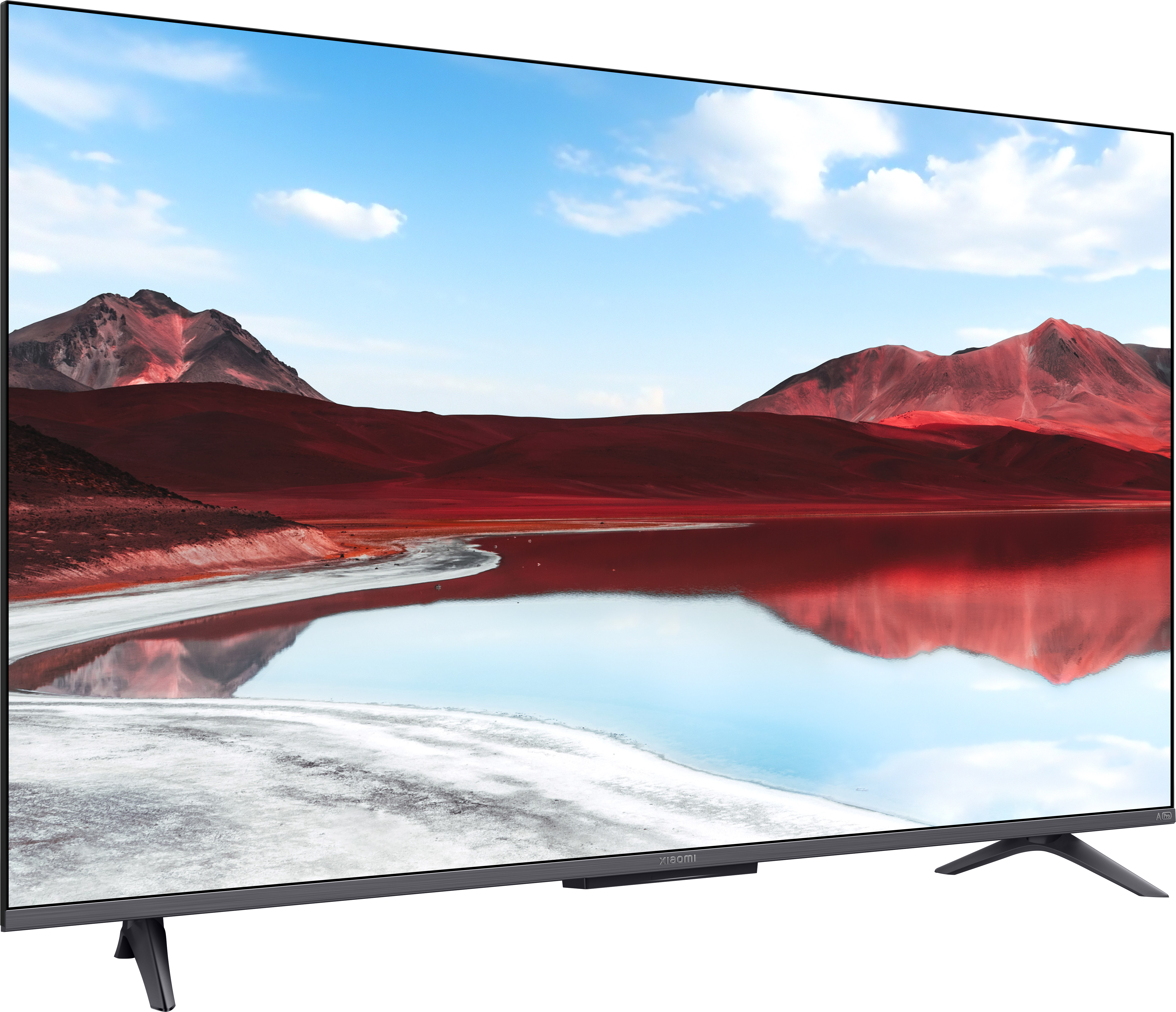 Egy nagy Xiaomi TV hegyekkel, tóval és kék éggel.