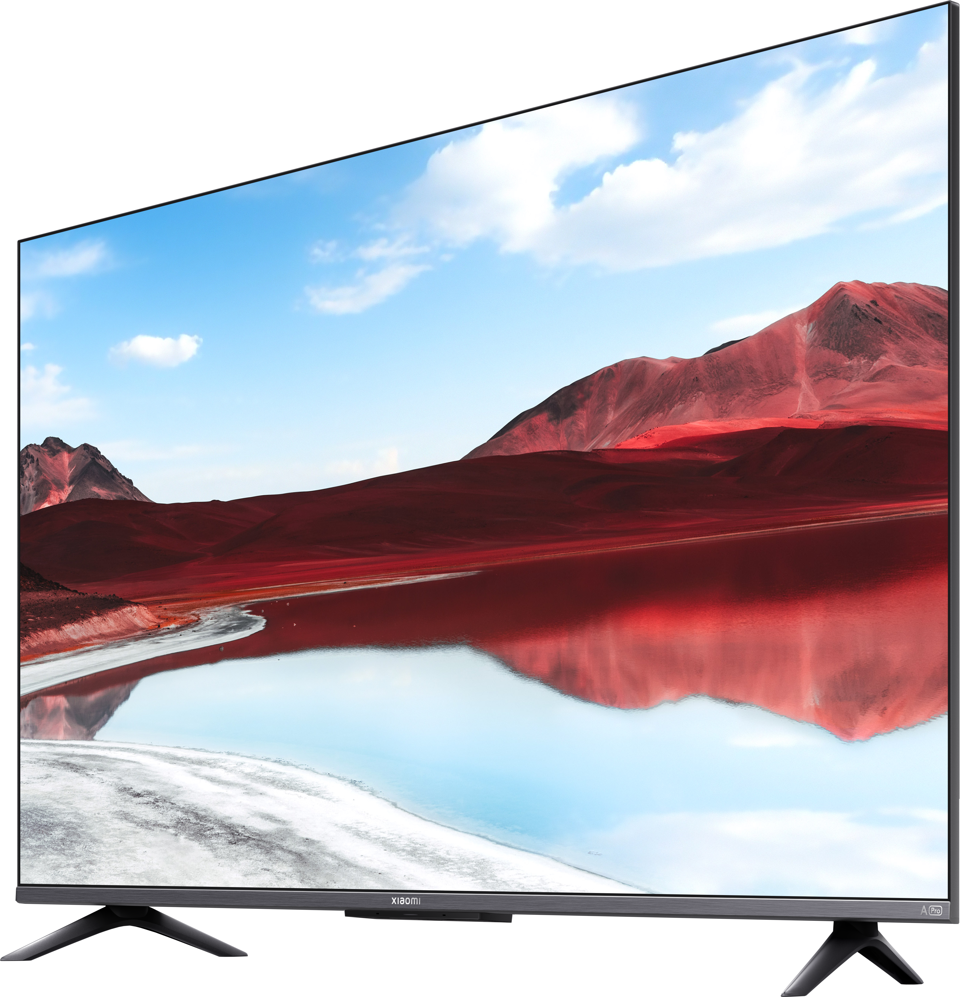 Egy nagy TV-képernyő, amely hegyekkel, tóval és kék éggel rendelkező festői tájat jelenít meg.