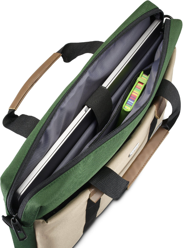 Otwarta zielono-beżowa torba na laptopa z laptopem i długopisem w środku.