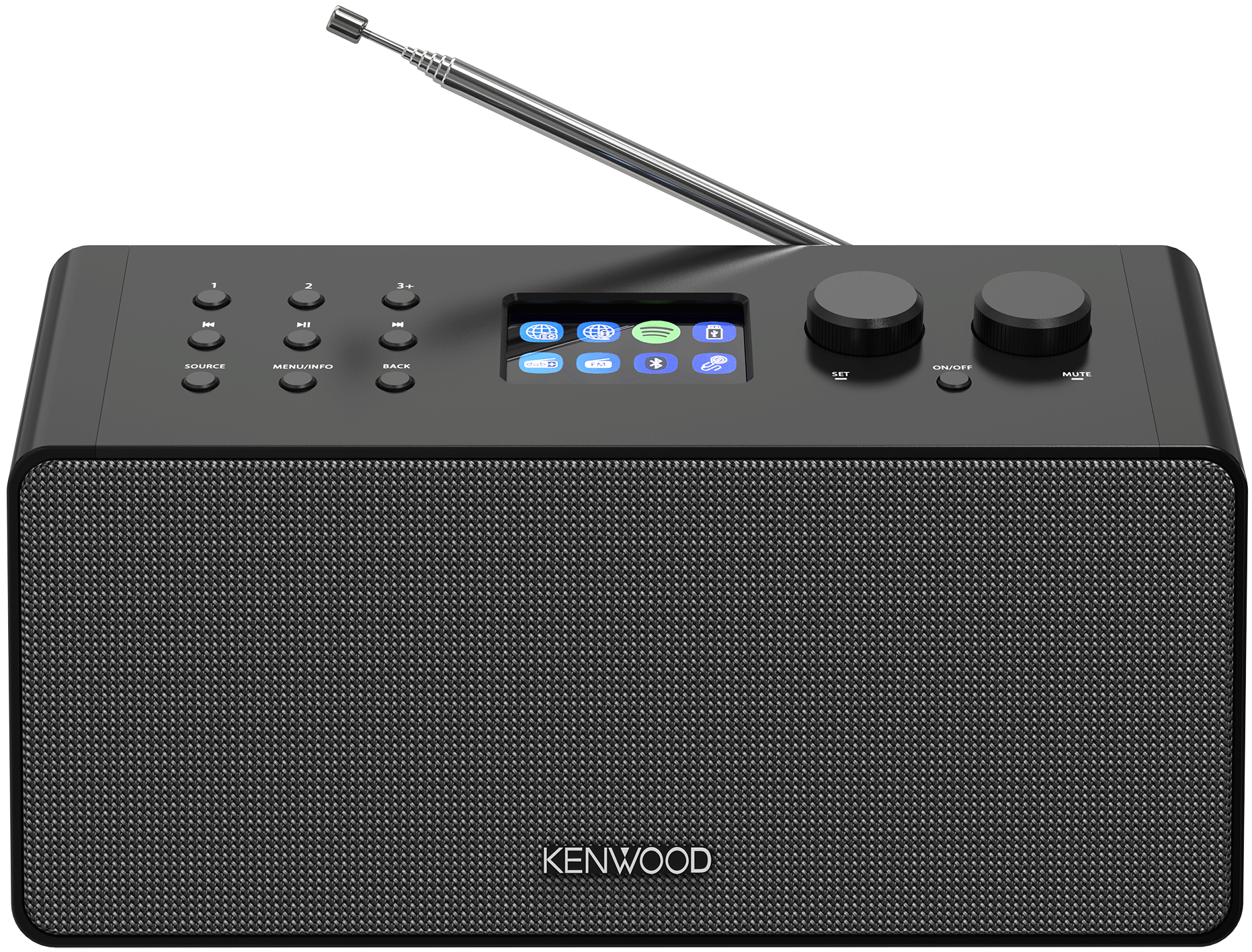 Schwarzes Kenwood-Radio mit Bildschirm und Bedienelementen. Antenne ausgezogen. 'KENWOOD' Logo unten.