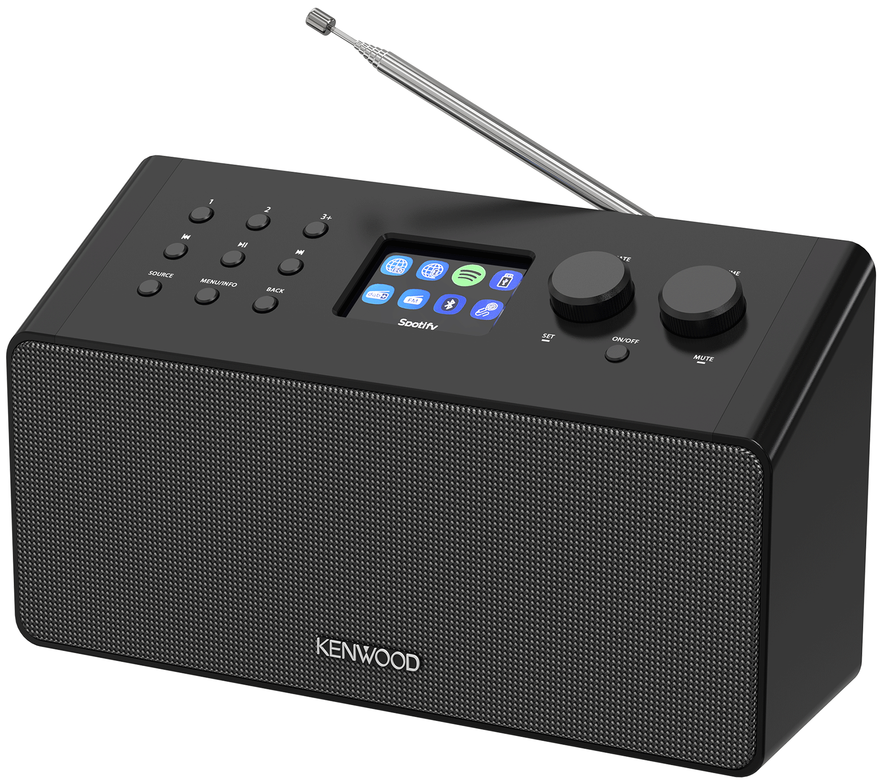 Schwarzes Kenwood-Radio mit Display, Knöpfen und Antenne, auf weißem Hintergrund.