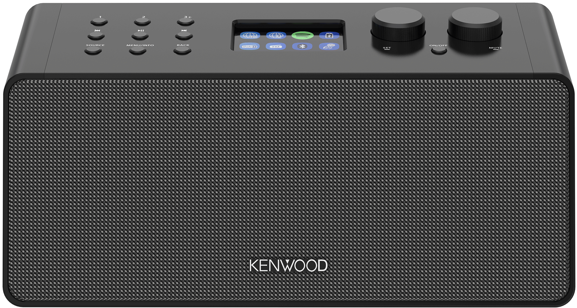 Ein schwarzes Kenwood-Radio mit Knöpfen und zwei Drehreglern.