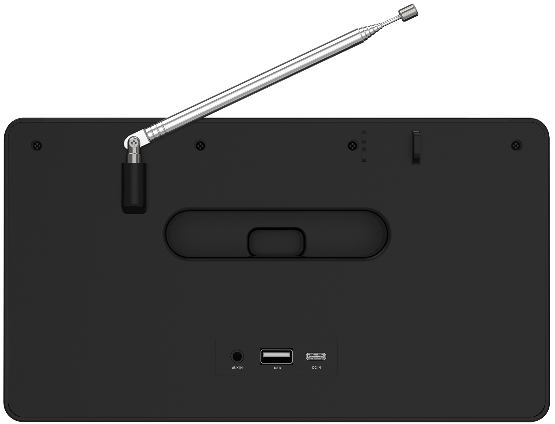 Schwarze Rückwand mit Anschlüssen. AUX IN, USB und DC IN sind sichtbar.
