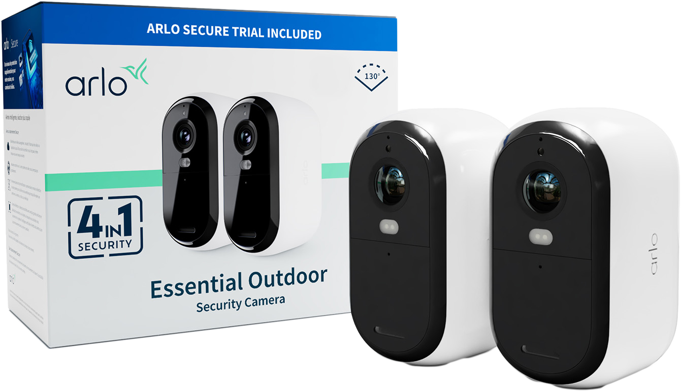 Két fehér Arlo biztonsági kamera és egy doboz, melyen a 'Essential Outdoor Security Camera' felirat látható.
