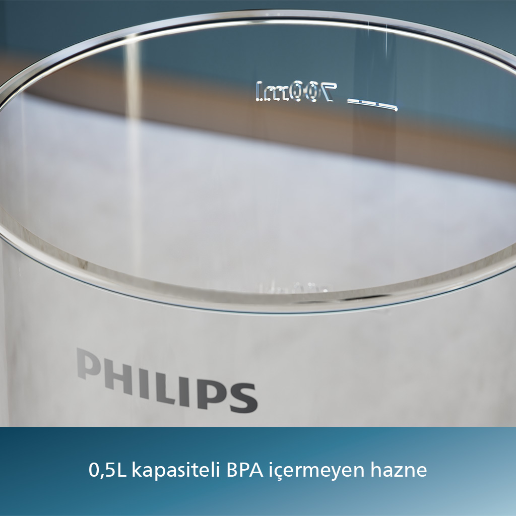 PHILIPS yazılı şeffaf bir sürahinin yakın çekimi. Metin: 0,5L kapasite, BPA içermeyen kap.