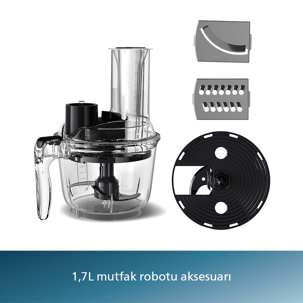 Şeffaf bir kabı ve bıçakları olan bir mutfak robotu.