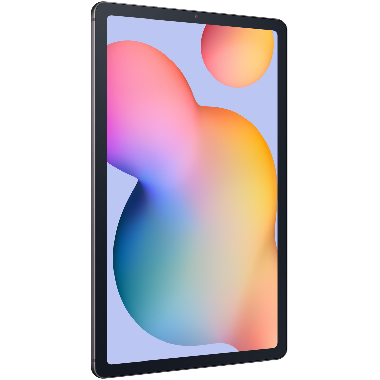 Tablet device, angled view. Displays a colorful abstract graphic. Silver frame.