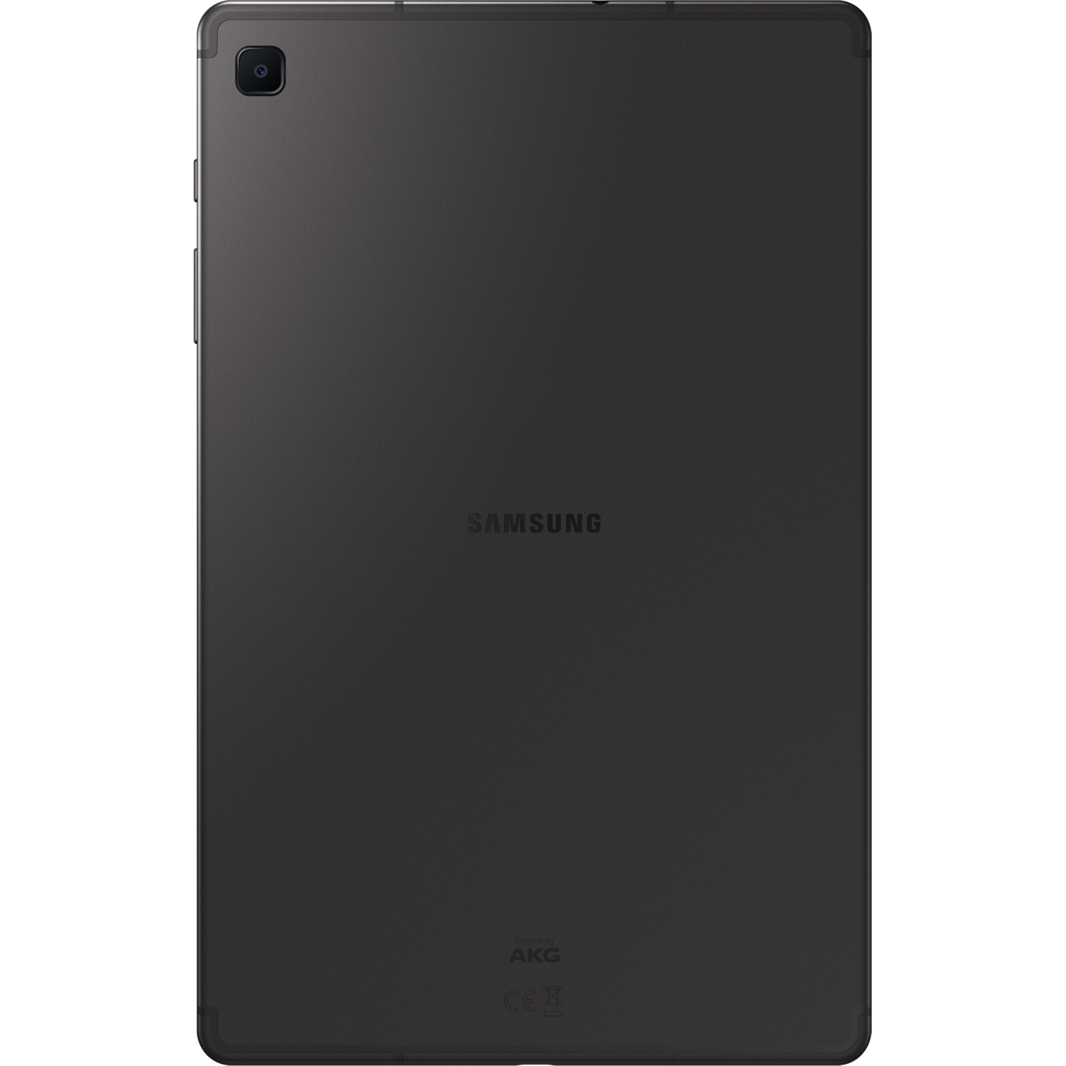 Black tablet, rear view. The Samsung logo is visible. Dark background.