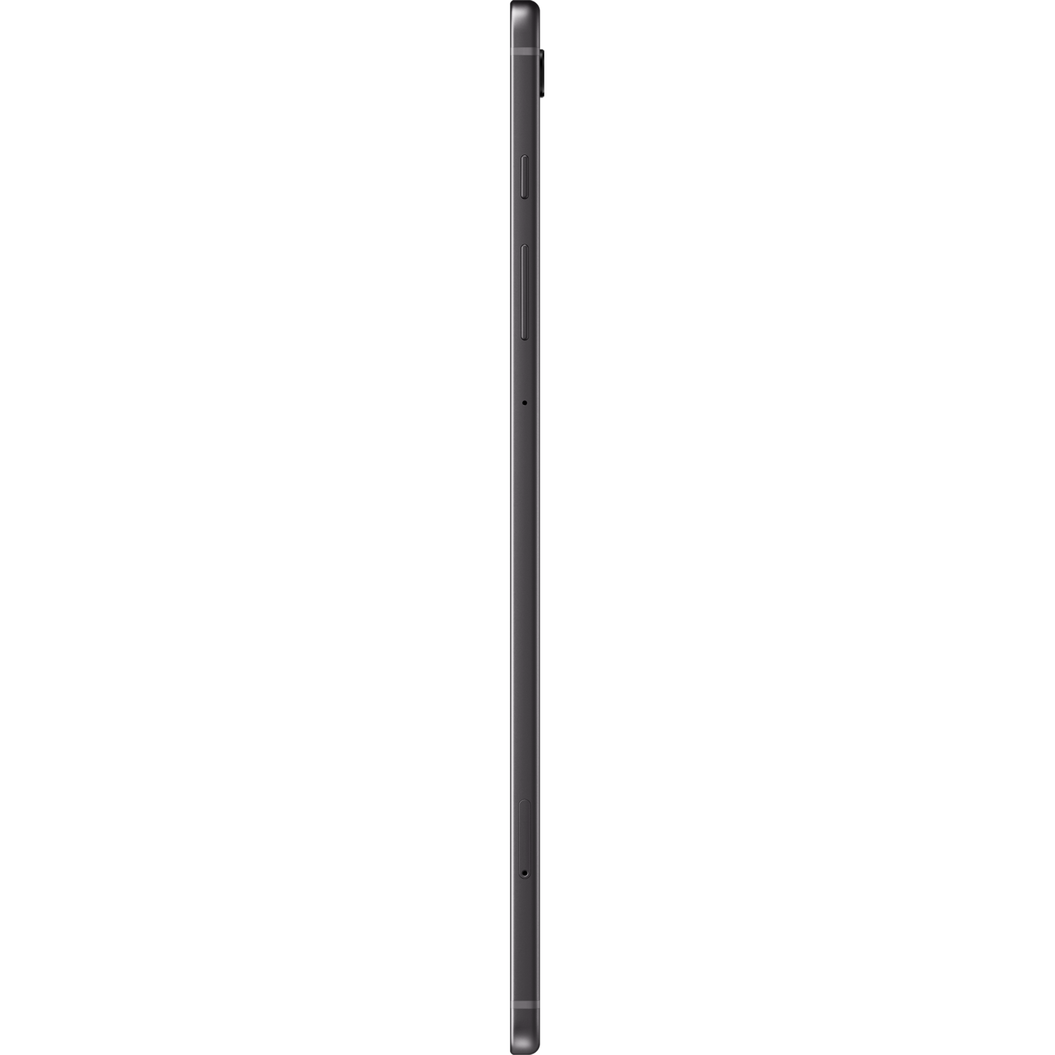 A gray tablet, side view, against a black background, showing a thin profile.