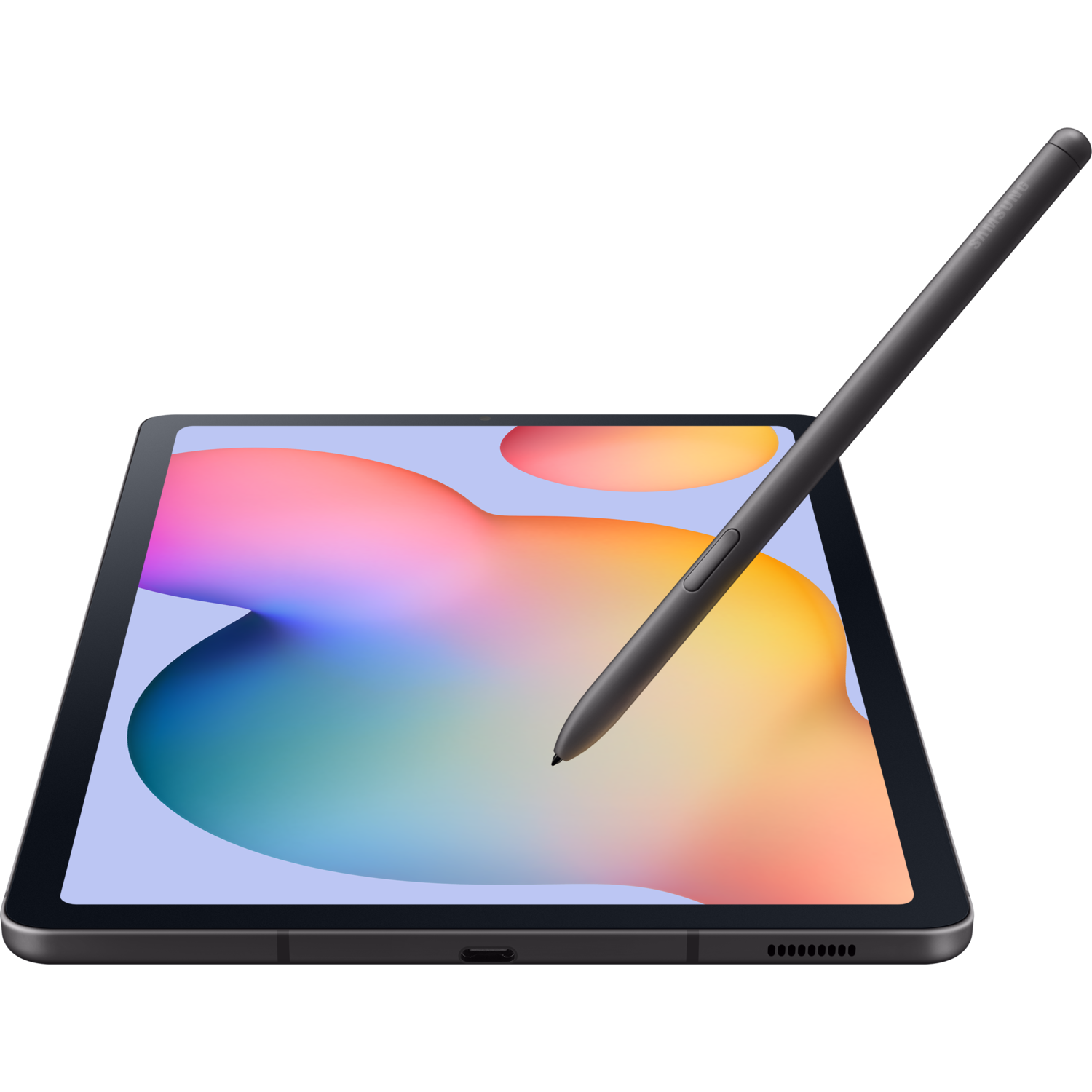 A black tablet and stylus. The stylus hovers above the screen, which shows a colorful abstract image.