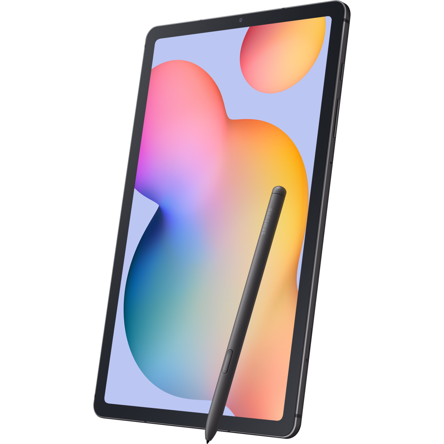 Tablet, angled view, displaying abstract graphic. A black stylus pen is leaning against it.
