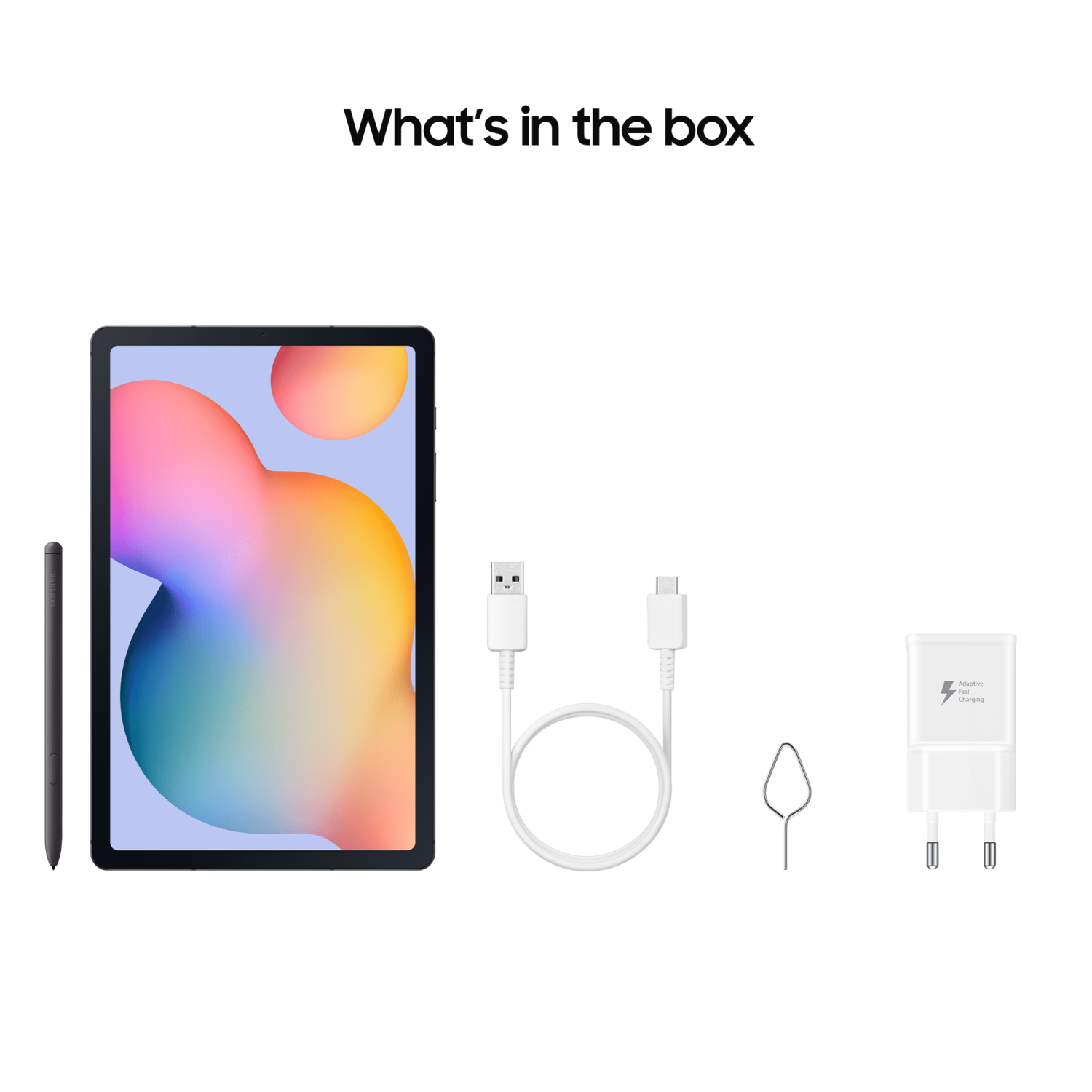 Tablet, pen, charger, cable, and SIM eject tool on black background.