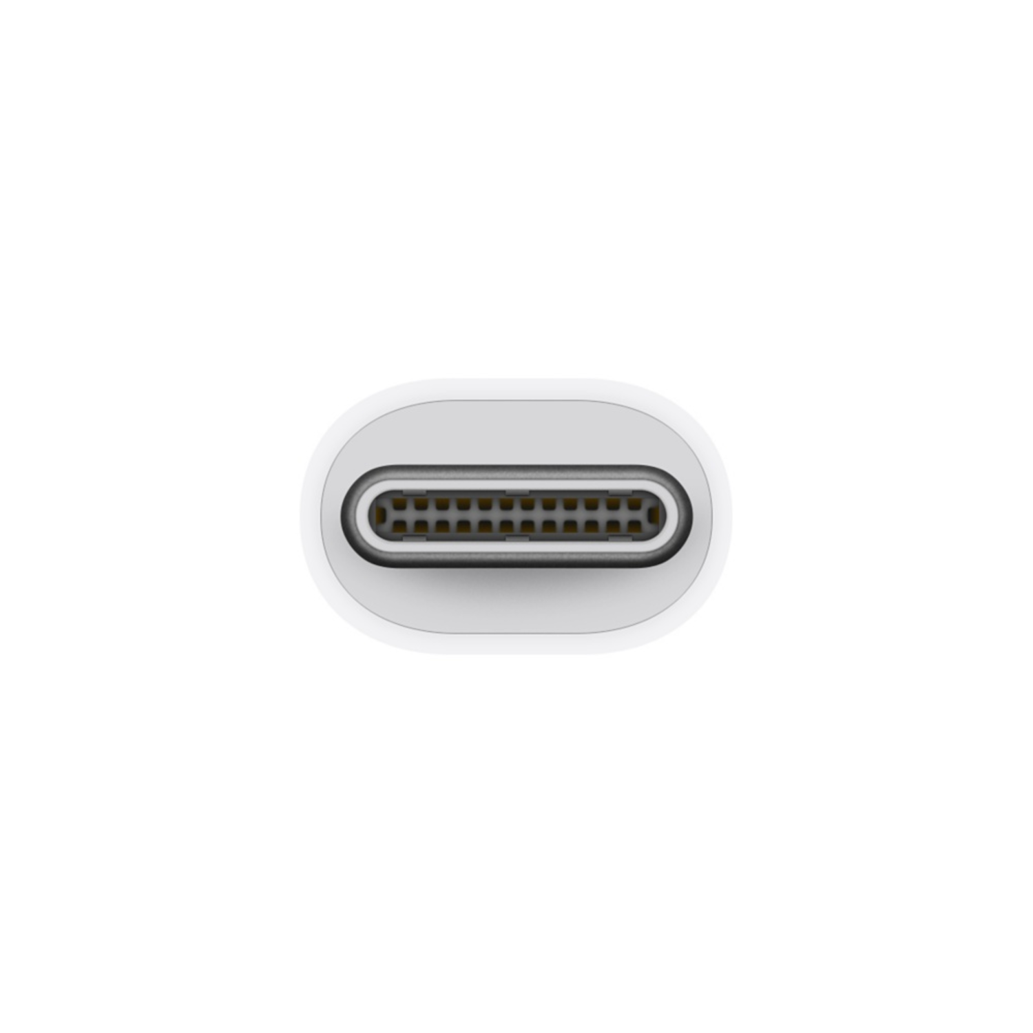 White USB-C adapter, top view, on white background. The adapter has an oval shape with a port.