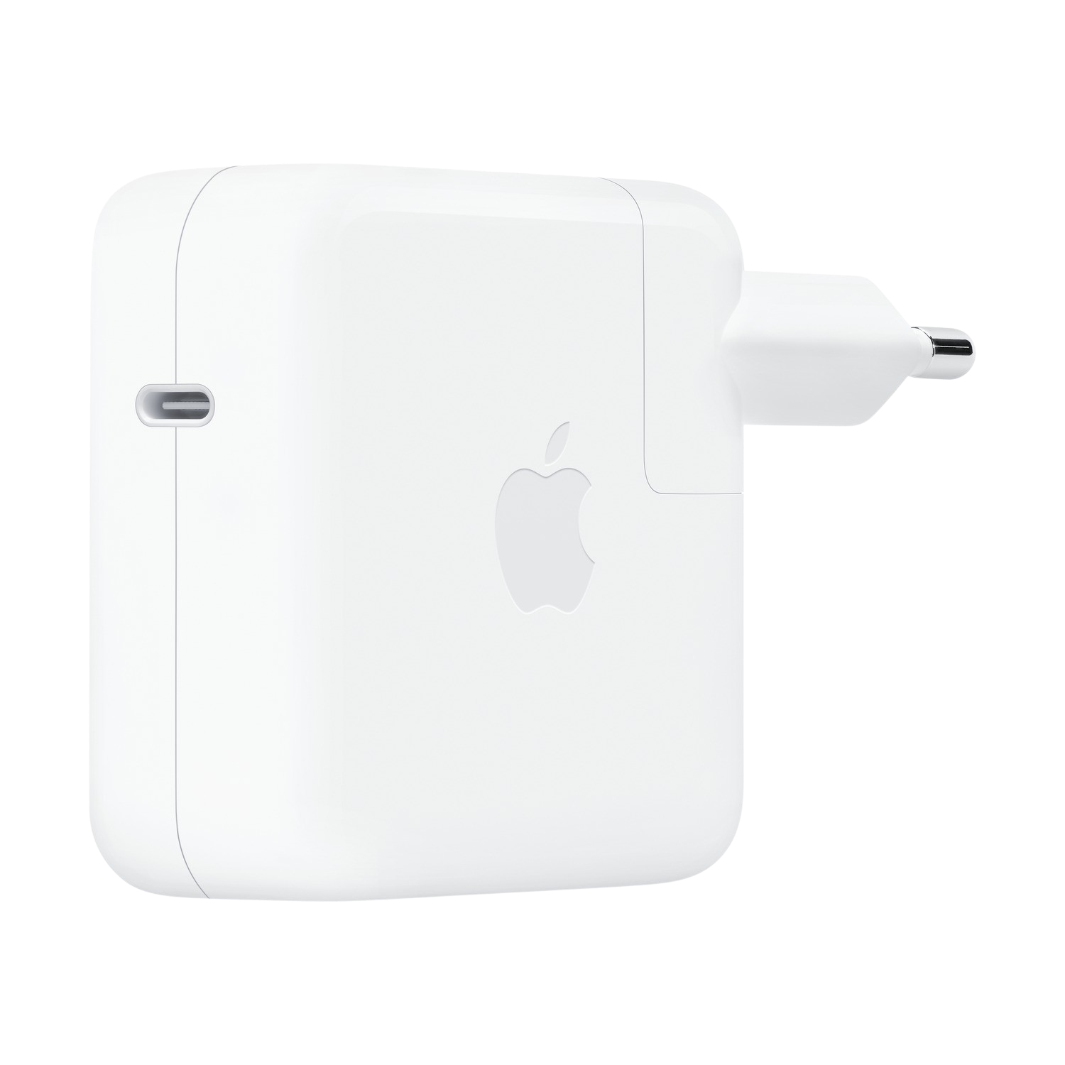 A white Apple charger with a port for charging and the Apple logo.