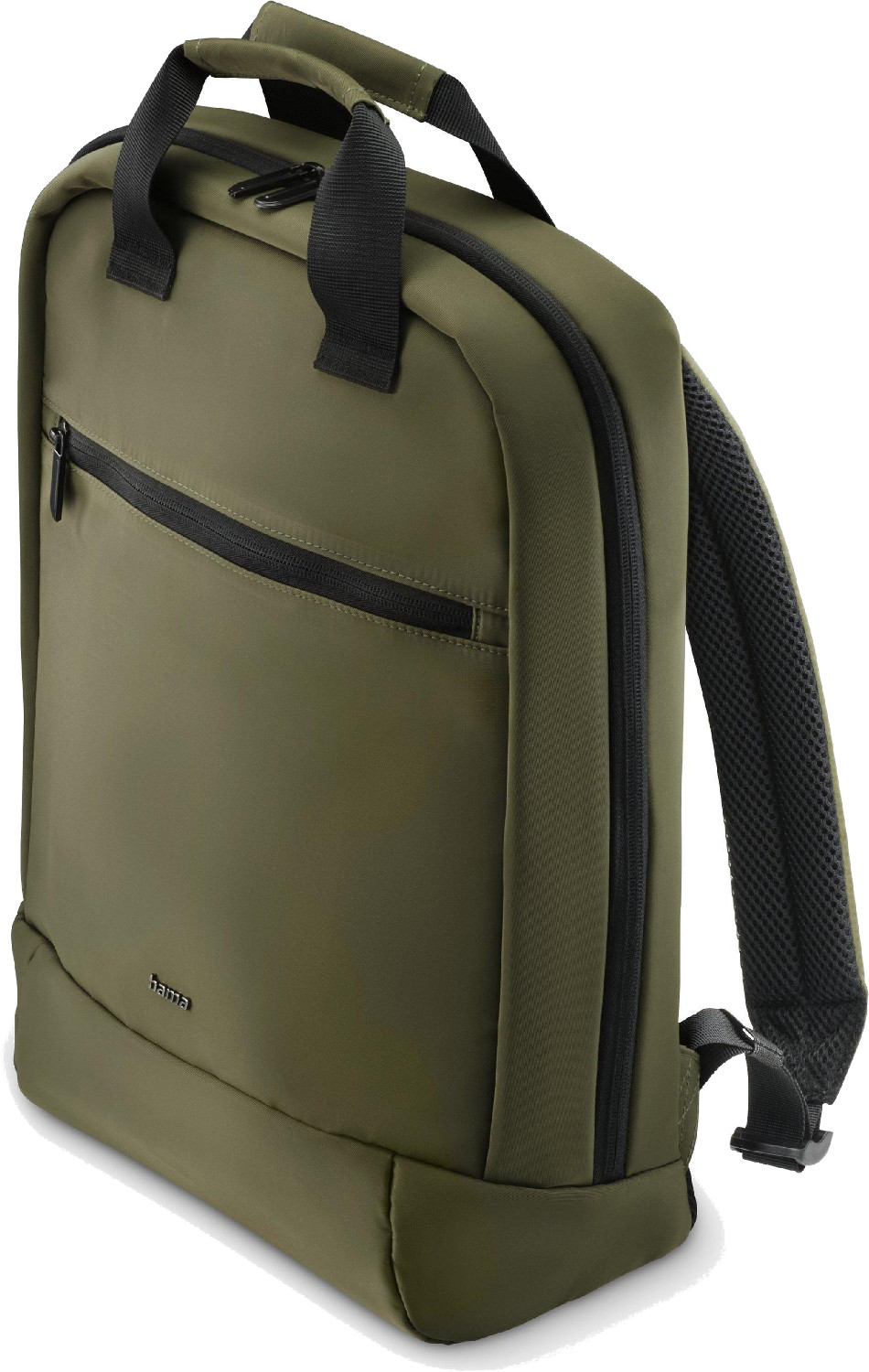 Zielony plecak z czarnymi detalami, widok z boku.