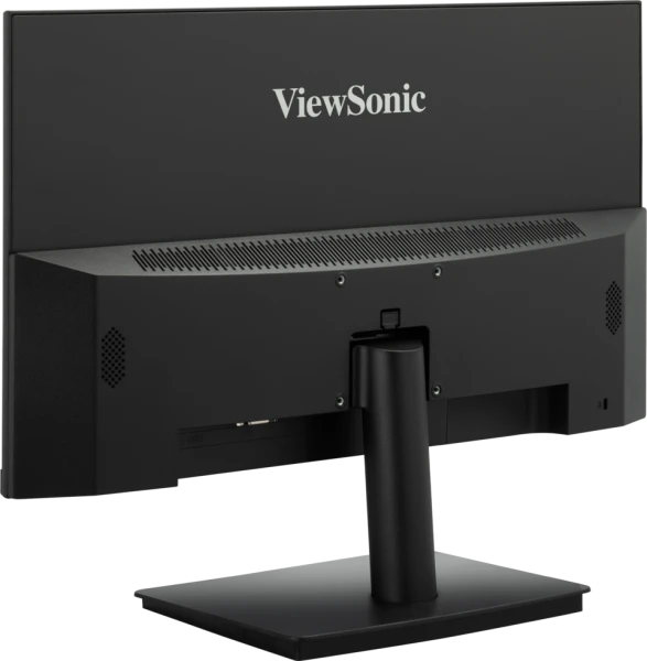 Fekete ViewSonic monitor hátulról. Portok, állvány és szellőzőnyílások láthatók. Fehér háttér.