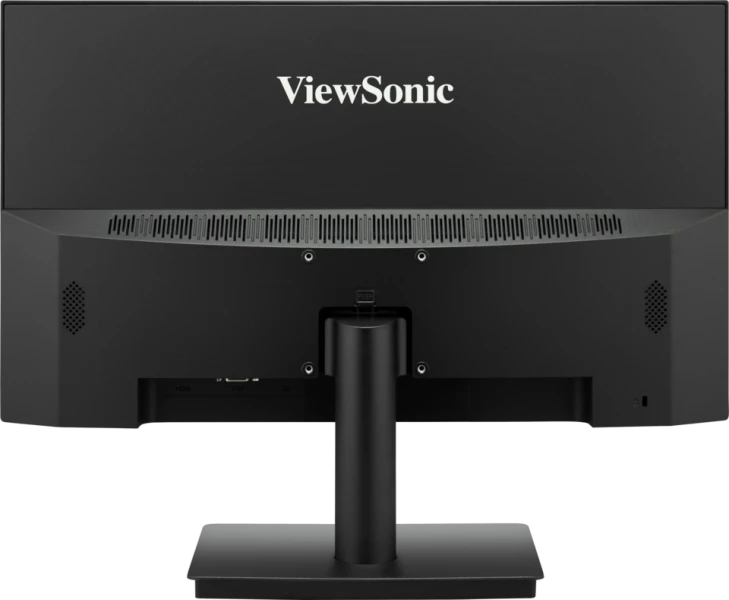 Egy fekete ViewSonic monitor hátulja, portokkal és állvánnyal.