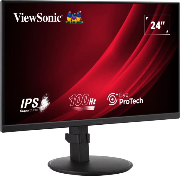 24 hüvelykes monitor piros grafikával. Jellemzők: IPS, 100Hz és Eye ProTech. Fekete állványon van.