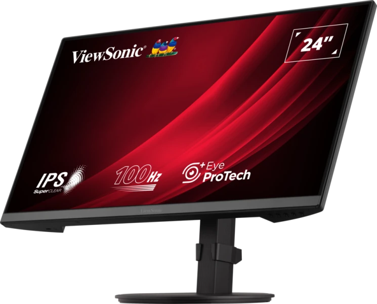 Egy 24 hüvelykes ViewSonic számítógép monitor piros-fekete képernyővel és az 'Eye ProTech' logóval.