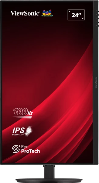Egy 24 hüvelykes monitor piros-fekete dizájnnal. 100 Hz-et, IPS-t és Eye ProTech funkciókat mutat.
