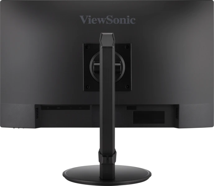 Egy fekete számítógép monitor hátulja állvánnyal. A ViewSonic logó látható.