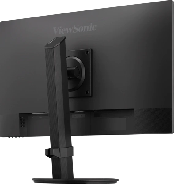 Egy fekete számítógép monitor hátulról, állvánnyal és a 'ViewSonic' márkajelzéssel.
