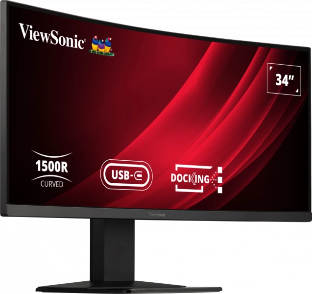 Ívelt számítógép monitor piros háttérrel. USB-C és Docking funkció. 34 hüvelykes kijelző.