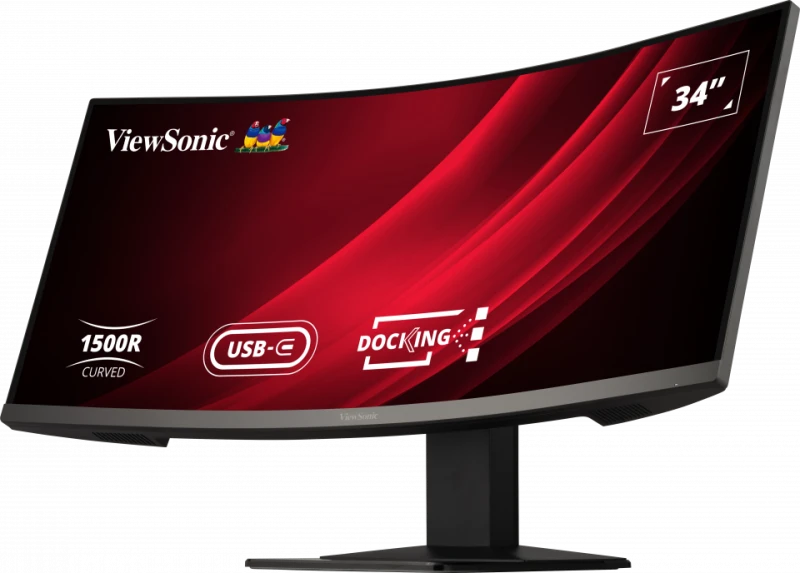 Ívelt ViewSonic monitor piros háttérrel, USB-C és dokkoló funkciókkal, 34" felirattal.