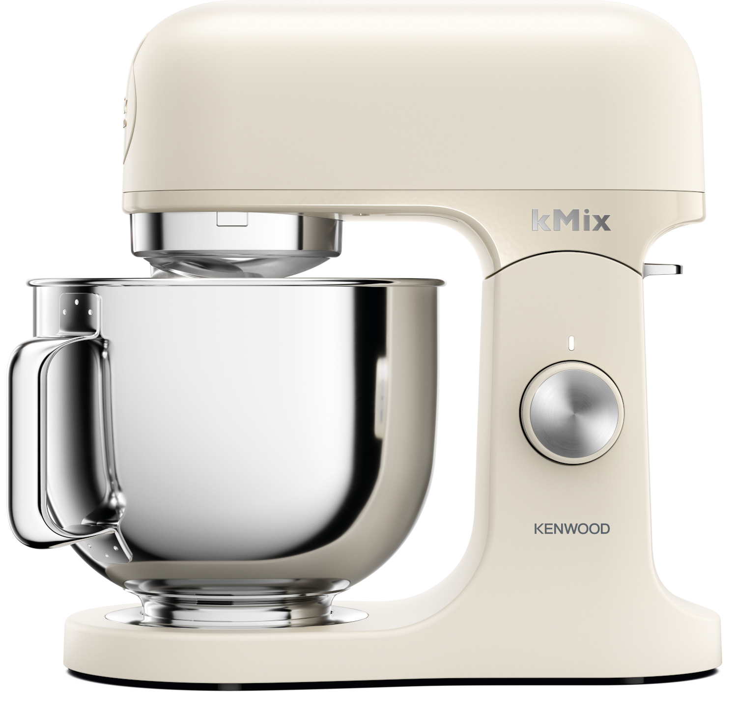 Krémszínű Kenwood kMix robotgép ezüst tálal. A Kenwood logó látható.