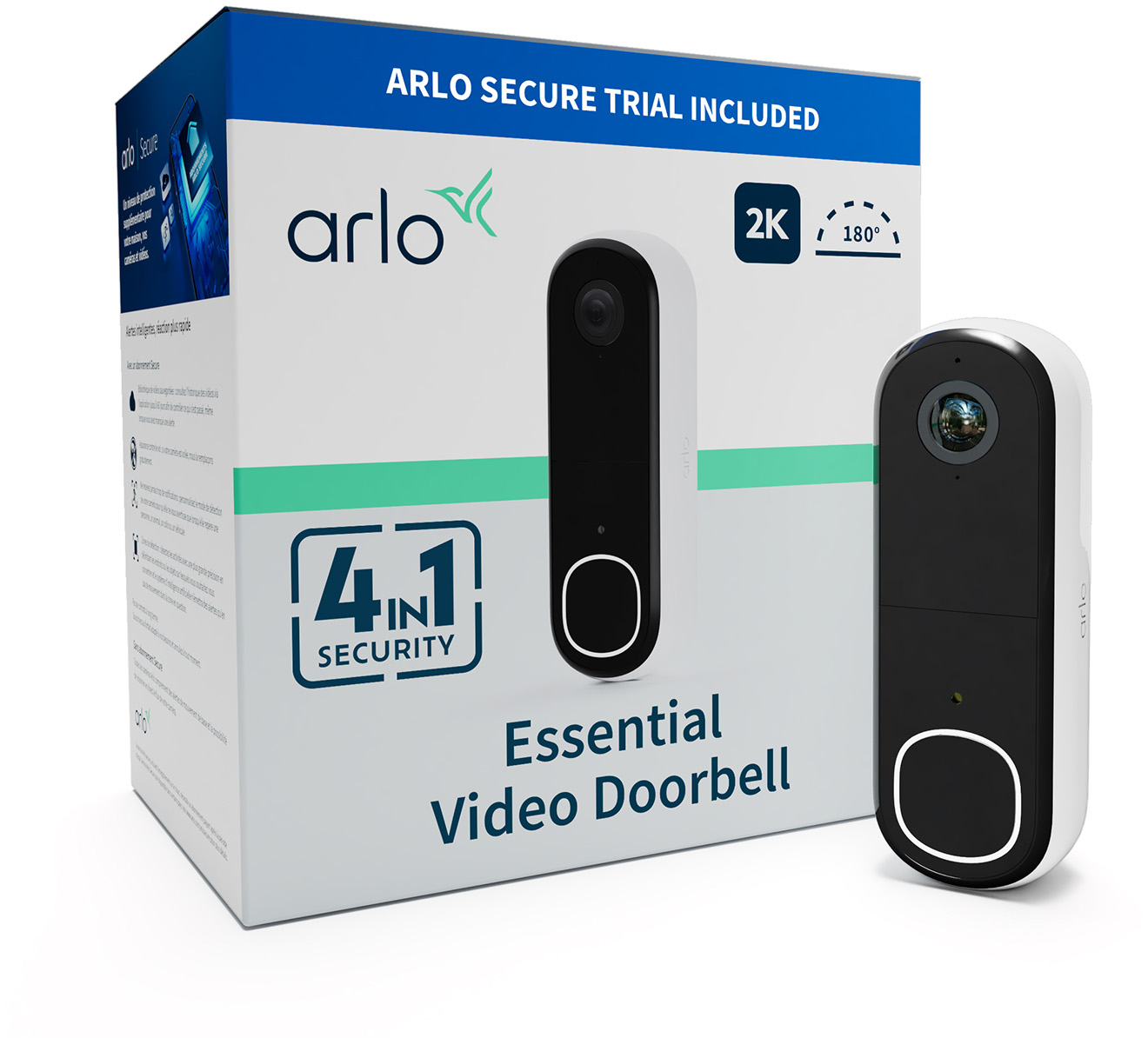 Dobozos Arlo videócsengő és csengő, fehér és fekete, 2K és 180°-os funkciókkal.