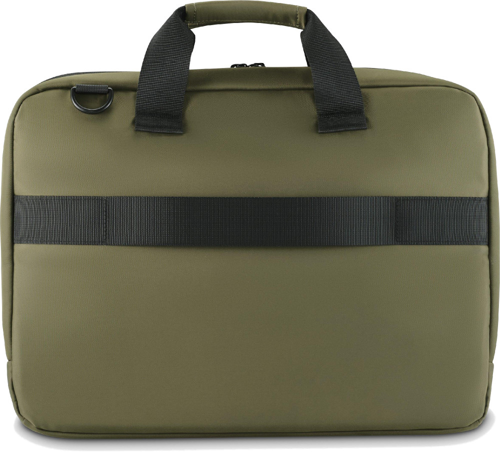 Zielona aktówka z czarnym paskiem i czarnym uchwytem na górze.