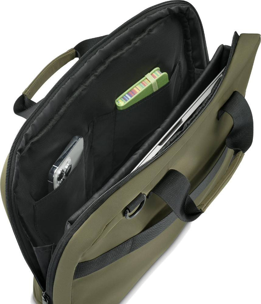 Zielona torba na laptopa, otwarta, z telefonem, notatnikiem i laptopem w środku. Czarne wnętrze.