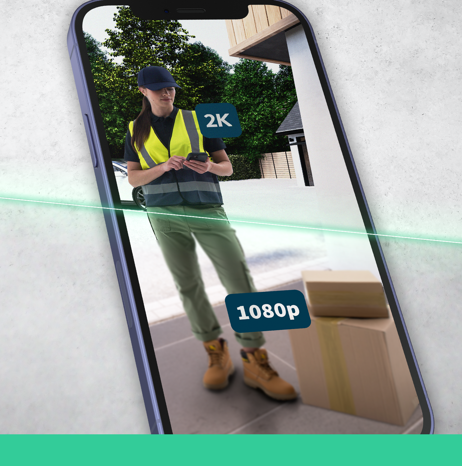 Telefon, amely egy kézbesítőt mutat dobozokkal. Zöld vonal a képernyőn.