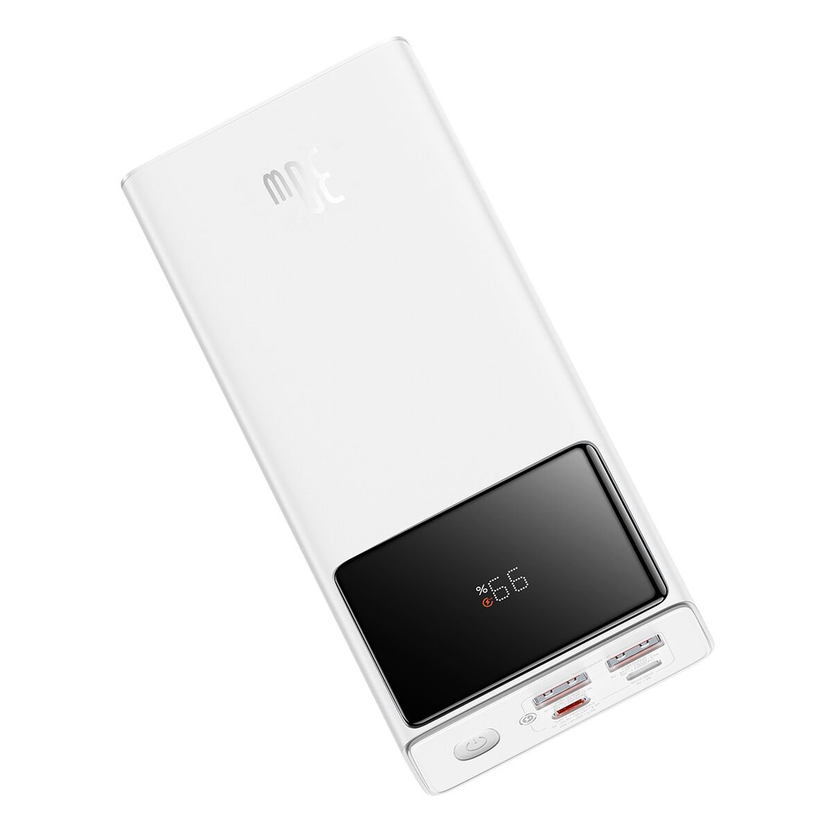 Yüzde gösteren siyah bir ekran ve USB bağlantı noktaları olan beyaz bir güç bankası.