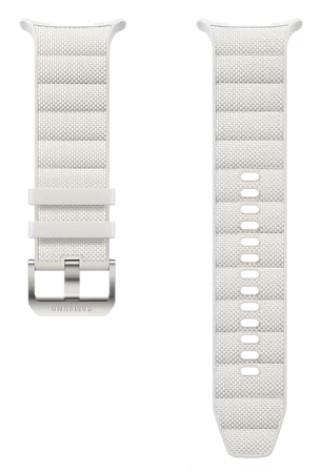 Biały pasek do zegarka z białą klamrą na czarnym tle.