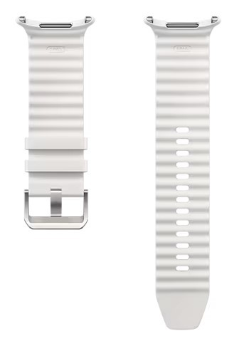 Dwa białe paski do zegarka obok siebie, jeden z klamrą.