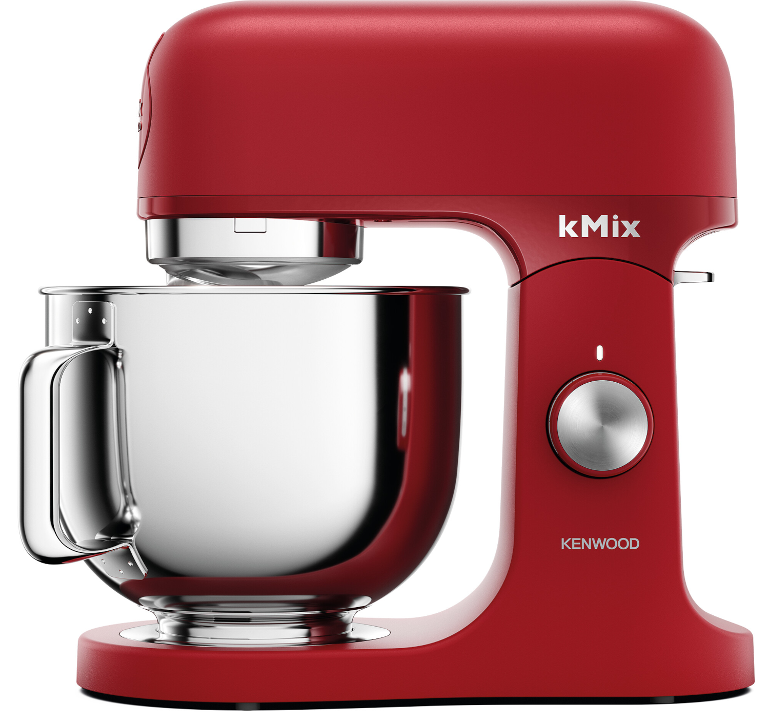Egy piros Kenwood mixer ezüst keverőtállal.
