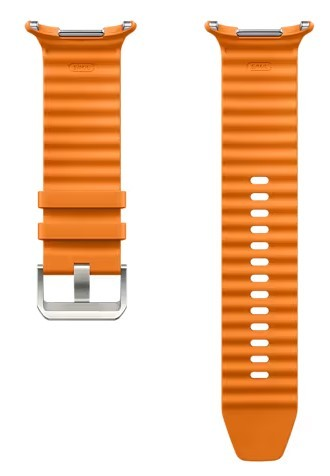 Dwa pomarańczowe paski do zegarków na białym tle, jeden z klamrą, a drugi bez.