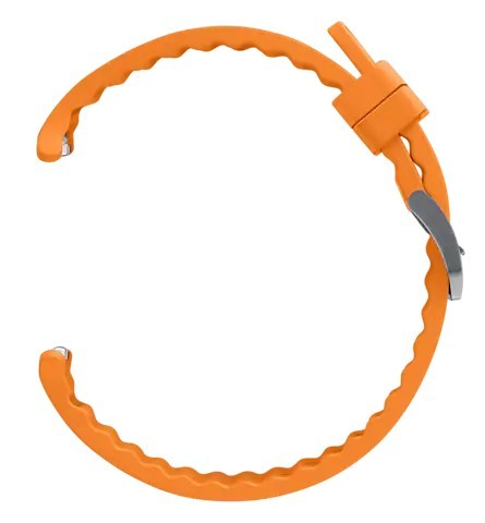 Pomarańczowy pasek do zegarka z klamrą, zakrzywionym i falistym wzorem, na białym tle.