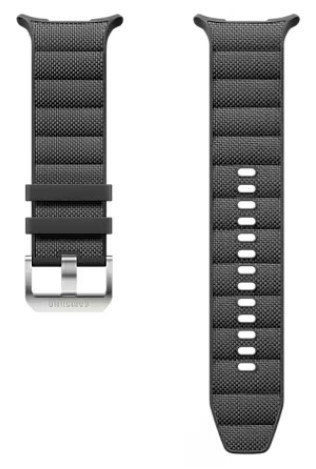 Ciemnoszary pasek do zegarka z klamrą. Pasek ma fakturę w postaci wzoru tkane. Widoczne jest logo Samsung.